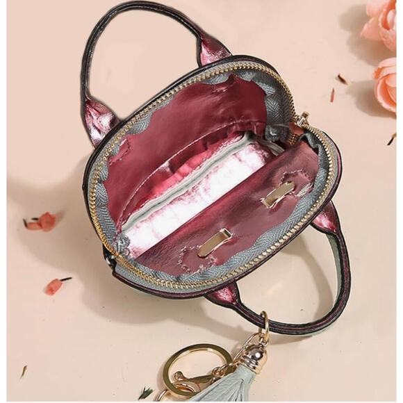 Navy (1) Mini Tote Bag Keychain Coin Purse Pu Leather for Mini Pouch Zipper - Picture 5 of 6